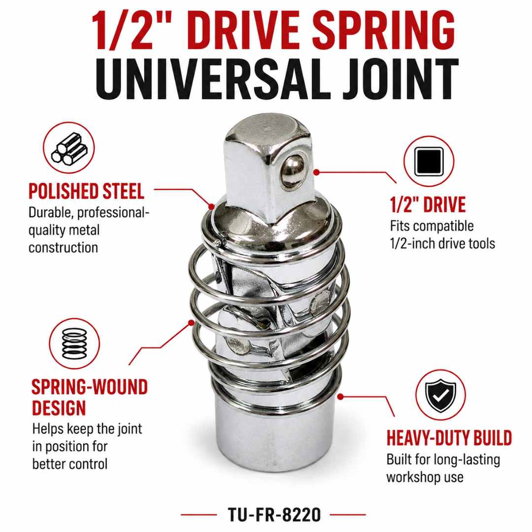 1/2-Inch Drive Spring-Wrapped Universal Joint Socket Adapter, Heavy-Duty Polished Stainless Steel for Ratchets and Socket Wrenches – TU-FR-822
