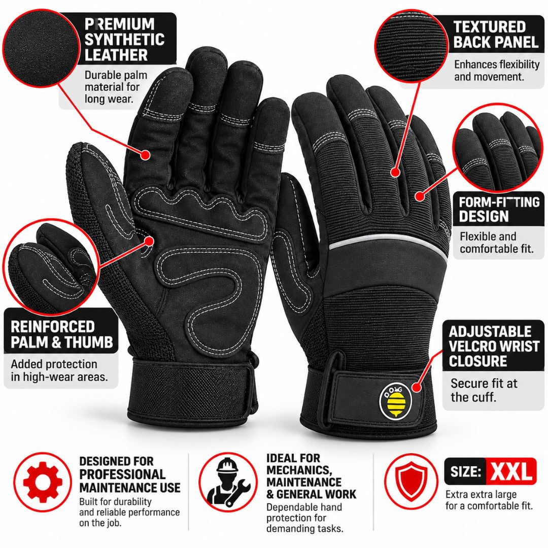 Black Synthetic Leather Mechanics Work Gloves, Reinforced Palm & Thumb, Adjustable Hook-and-Loop Wrist Closure, Flexible Heavy-Duty Work Gloves for Automotive Repair & Maintenance, XXL, 1 Pair