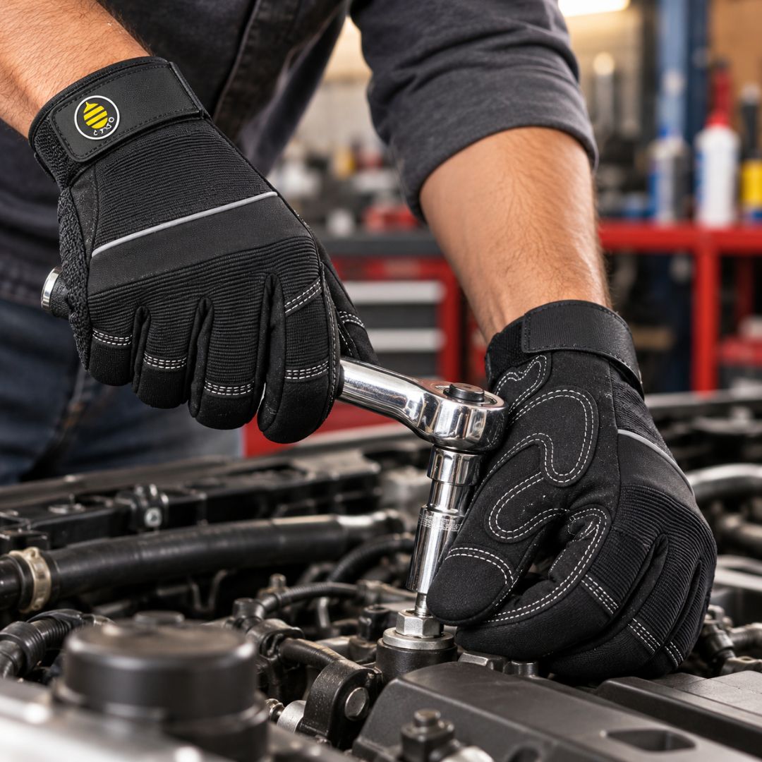 Black Synthetic Leather Mechanics Work Gloves, Reinforced Palm & Thumb, Adjustable Hook-and-Loop Wrist Closure, Flexible Heavy-Duty Work Gloves for Automotive Repair & Maintenance, XXL, 1 Pair