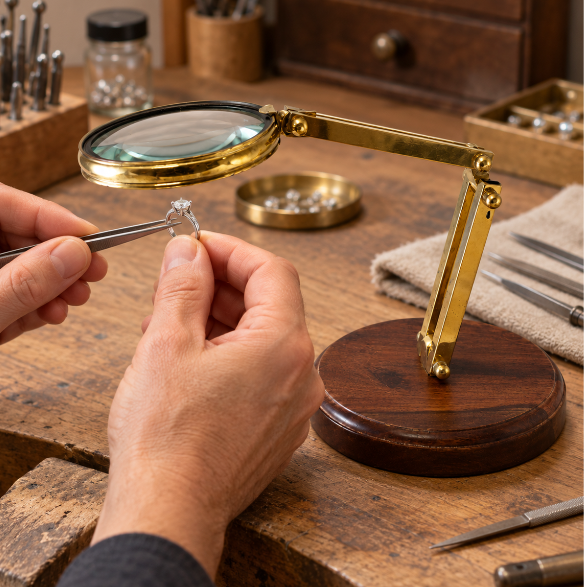 2X Adjustable Tabletop Magnifier with 3½-Inch Glass Lens, Brass Arm and 5½-Inch Solid Wood Base