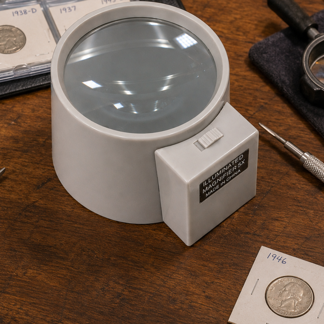 Illuminated Dome Style Magnifier 2.25X Power, 3.5 Inch Lens, Battery Operated Lighted Magnifying Glass for Stamps, Coins, Lab Work & Collectors