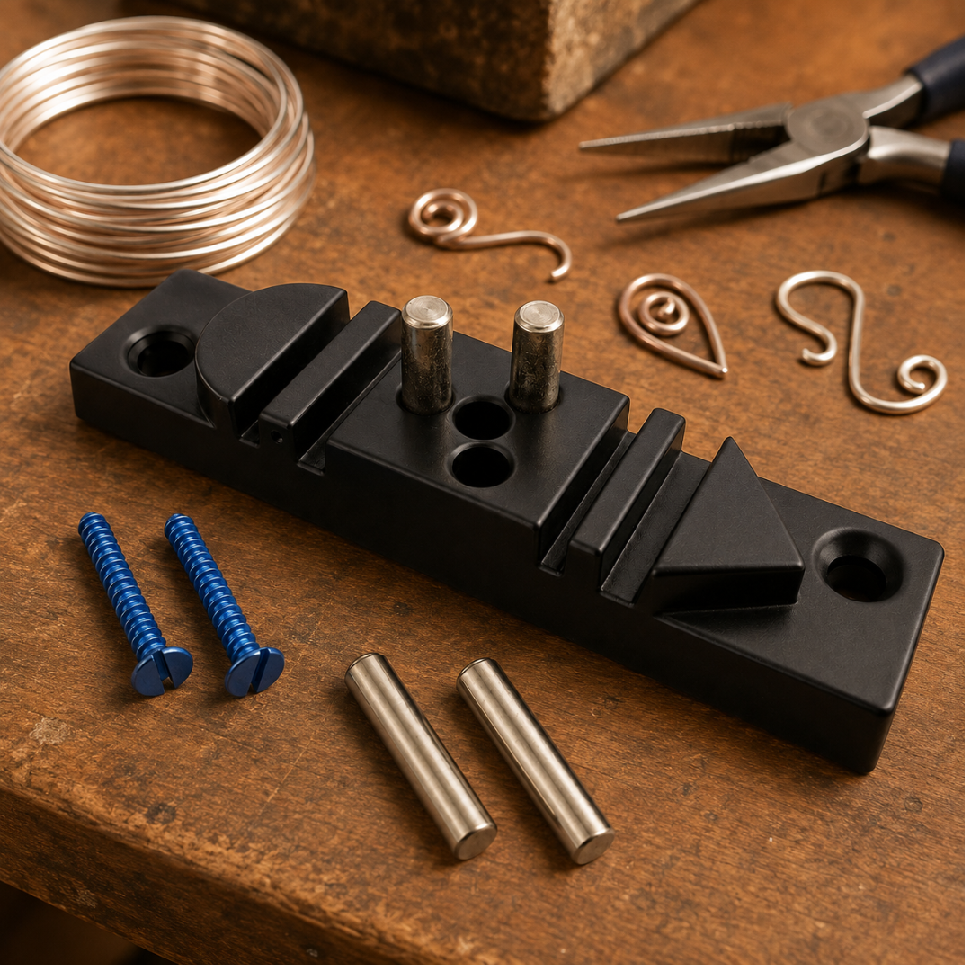 Aluminum Wire-Bending Jig for Workbench or Bench Vise – Mountable Forming Tool with Four Slots, Radius End, Triangular End and Metal Posts – Screws Included – TJ-28698