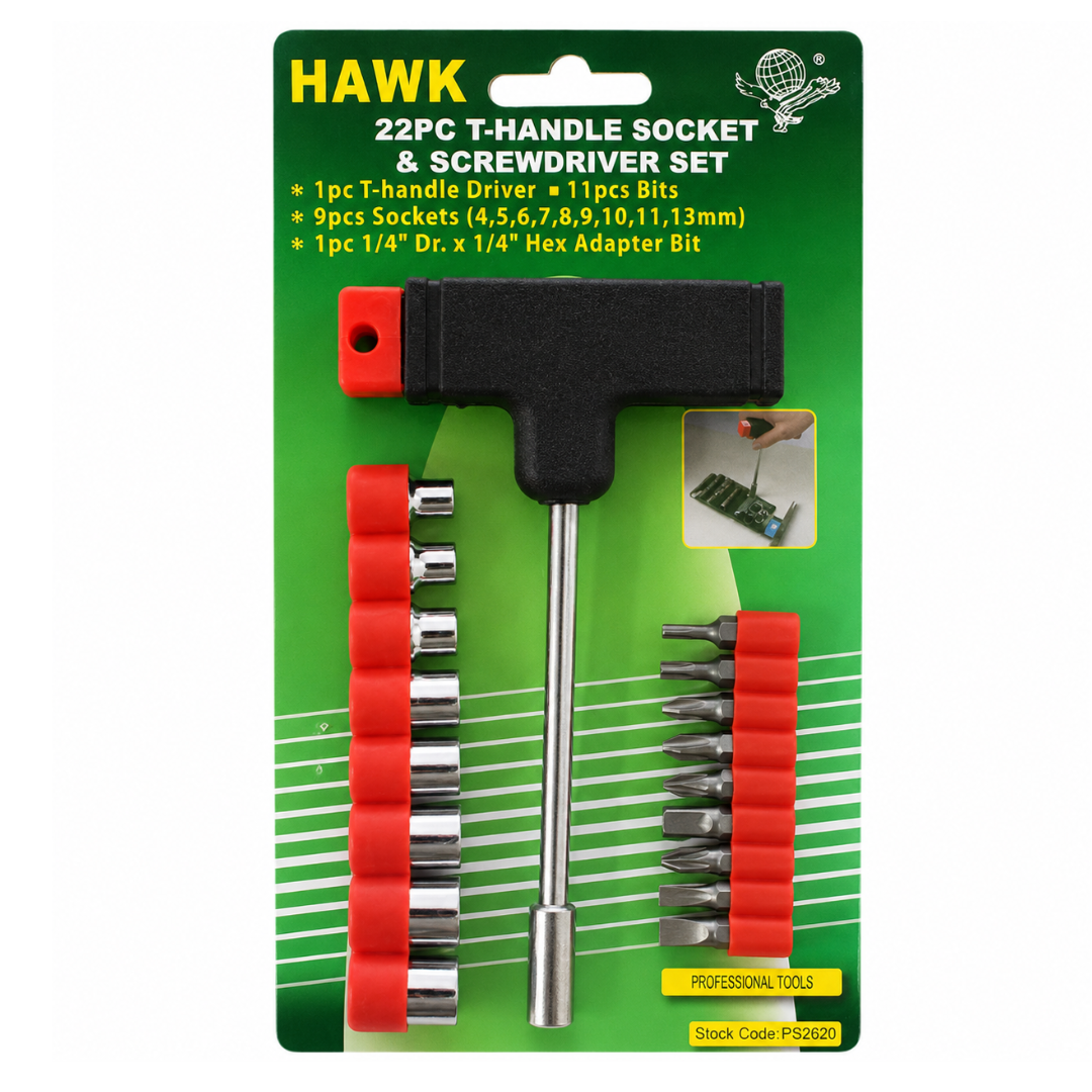 T-Handle Socket & Screwdriver Bit Set, 21 Piece Steel Tool Kit with 9 Metric Sockets, Phillips, Slotted & Star Bits, Magnetic Tip Handle, Red Storage Holder