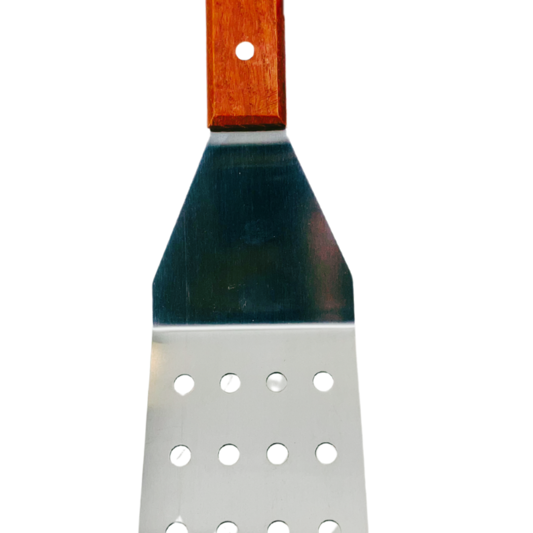 Premium Stainless Steel Perforated Grill Turner Spatula with Wooden Handle