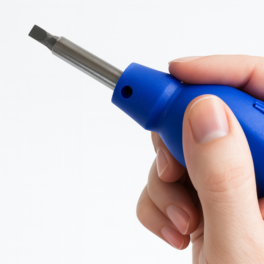 4-in-1 Multi-Bit Stubby Screwdriver with Built-In Handle Storage – Includes 2 Phillips & 2 Flat Head Bits – Compact, Handy, Assorted Colors (Display Jar of 36)