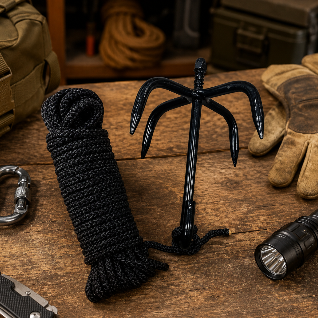 Grappling/Climbing Hook with 40 Ft Polypropylene Rope, 10 Inch Steel Shaft, 7 Inch Hooks – Heavy-Duty Utility Hook for Retrieval, Outdoor, Camping & General Purpose Use – TA-14906