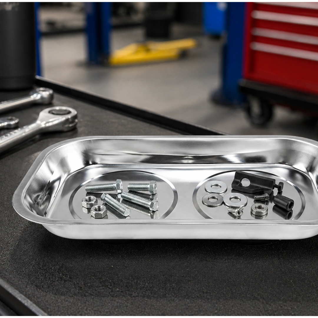 Magnetic Parts Tray – Stainless Steel Tool Tray with Dual Strong Magnets & Rubber Base, 9-3/8" x 5-3/8" – Holds Screws, Bolts & Tools for Garage, Auto Repair & Workbench