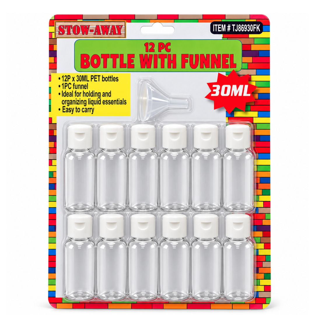 12-Pack 30ml Clear Plastic Travel Bottles with Flip-Top Caps & Filling Funnel – Refillable PET Containers for Shampoo, Lotion, Toiletries & Liquid Essentials