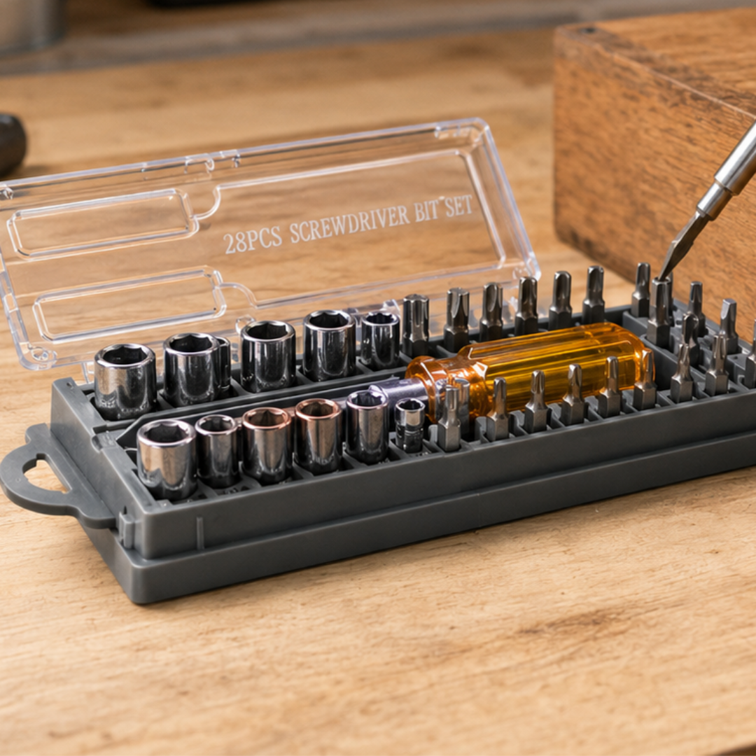 29 Piece Screwdriver Bit Set with 6.5" Torque Grip Handle, Hex Sockets, Phillips, Slotted, Torx Star & Hex Bits in Storage Case – Multi-Bit Driver Tool Kit