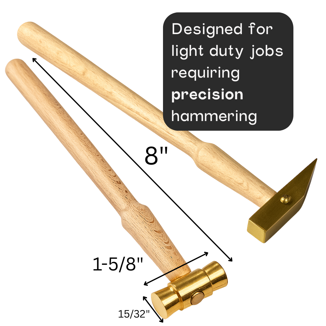 4 Piece Brass Hammer Set – Jewelry Making & Craft Hammers with Flat, Square, Chisel & Ball Peen Heads – 9" Wooden Handles, Lightweight & Non-Sparking- PH-12704