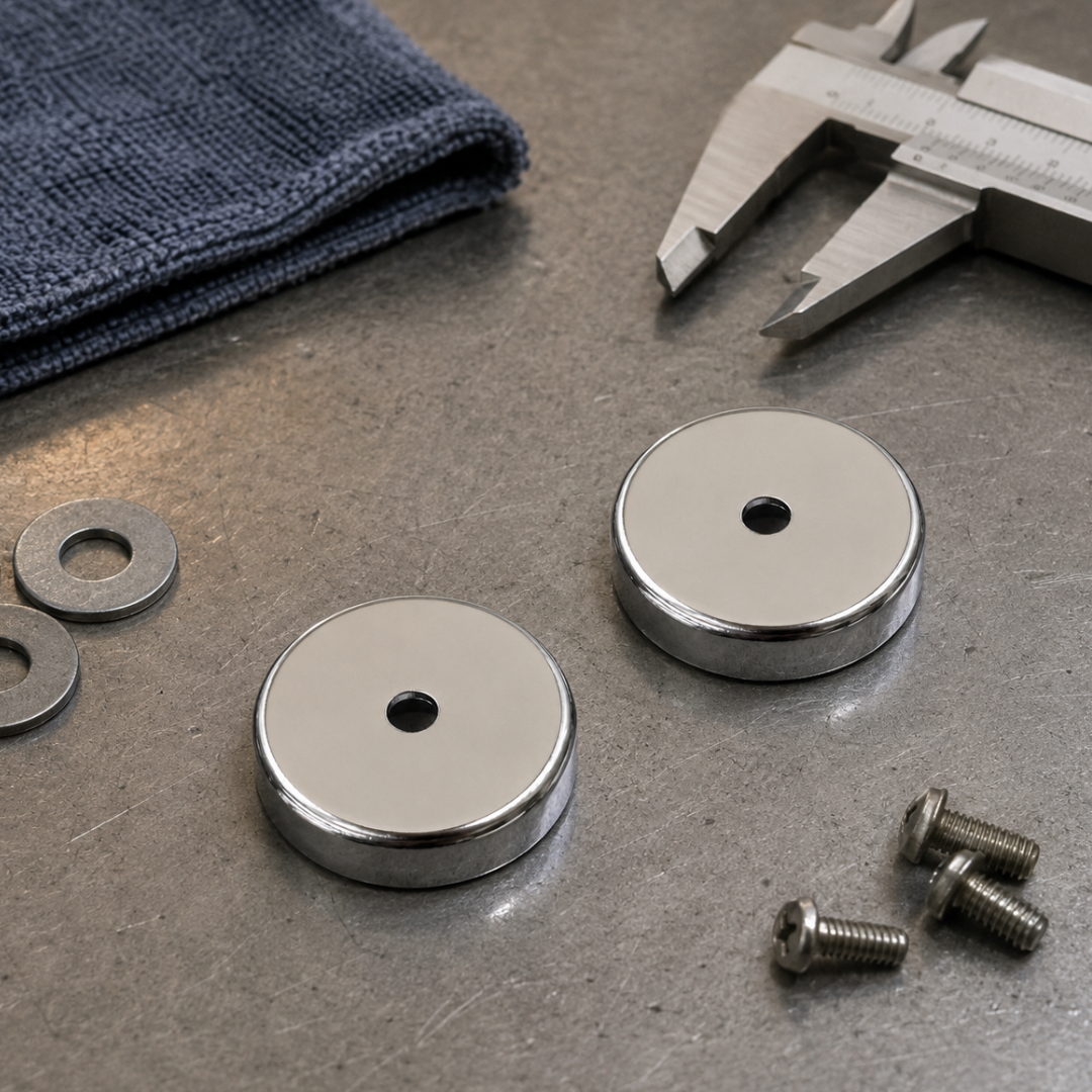 2-Pack Mini Round Magnets with Chrome-Plated Base, 1-1/2 Inch Diameter, Strong Utility Magnets for Garage, Workshop, Kitchen, Office and Classroom – MC-90219-Z02