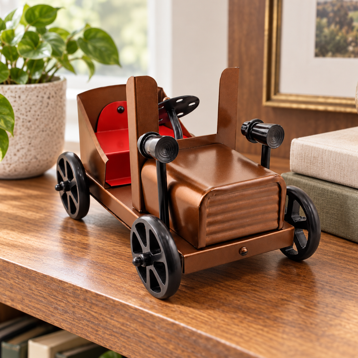 Antique Style Horseless Carriage Metal Model Car, 7.5 Inch Vintage Brown Decorative Vehicle with Red Seat, Black Headlights, Spoke Wheels & Moving Steering Wheel – Collectible Display Decor