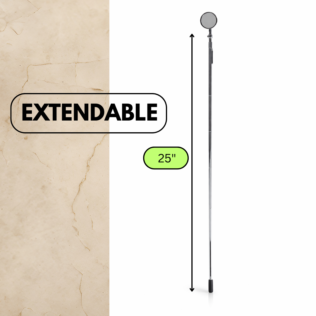 Extendable Inspection Mirror with Magnet – 1-3/8" Mirror & 25" Telescoping Pickup Tool with Pocket Clip