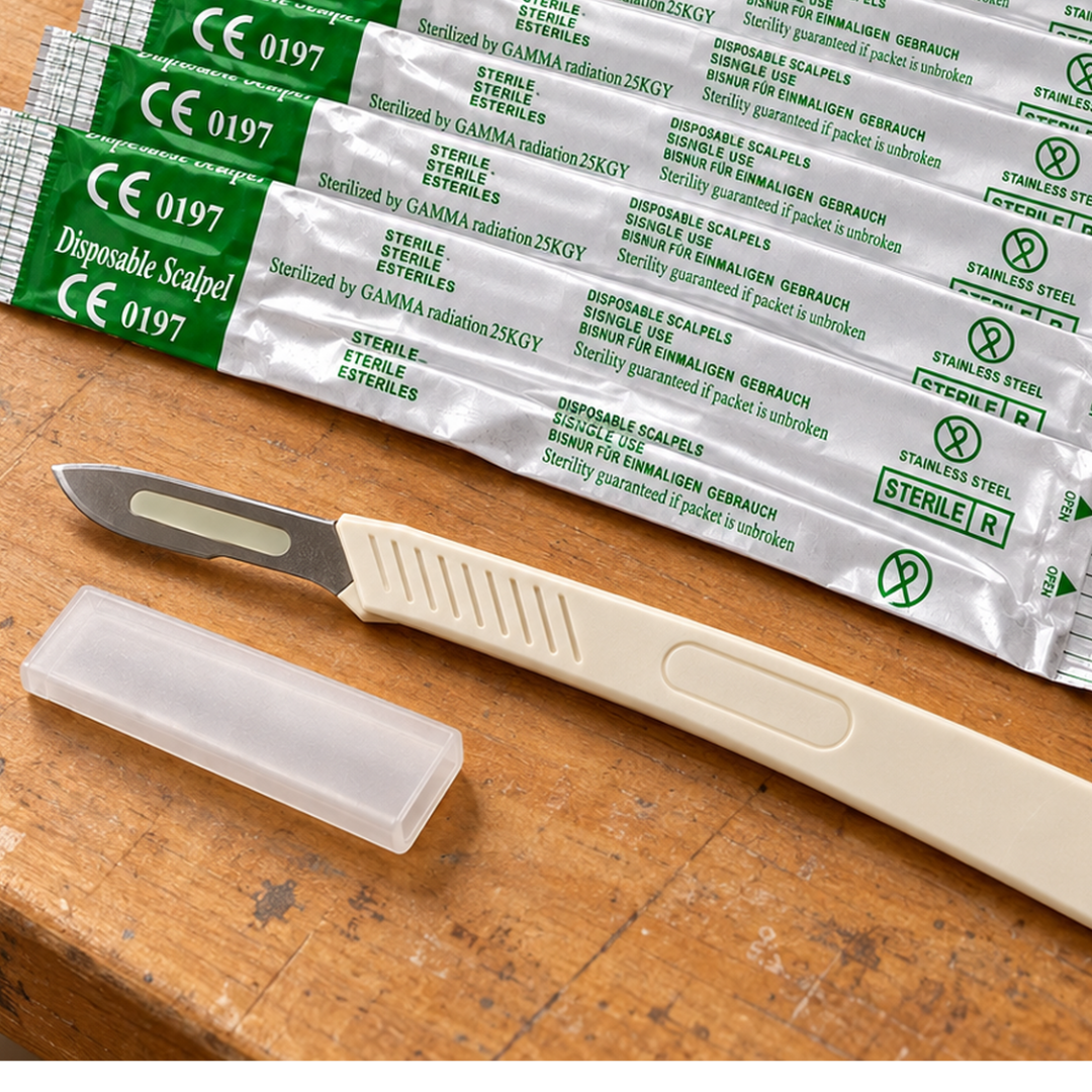 #20 Disposable Scalpel with Stainless Steel Blade, Plastic Handle & Protective Safety Cap, Sterile Individually Sealed Precision Cutting Knife, 6 Inch, Pack of 10 – PL-06120-Z10