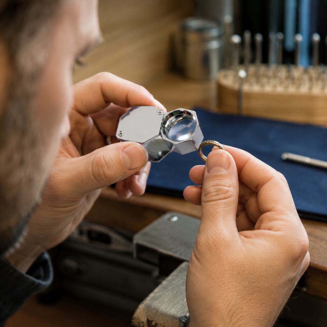 10X Hexagonal Mini Jeweler’s Loupe Magnifier, Silver Metal Pocket Magnifying Glass with 18mm Lens, Keychain Loop & Leather Pouch for Jewelry, Coins, Stamps, Watches & Appraisals