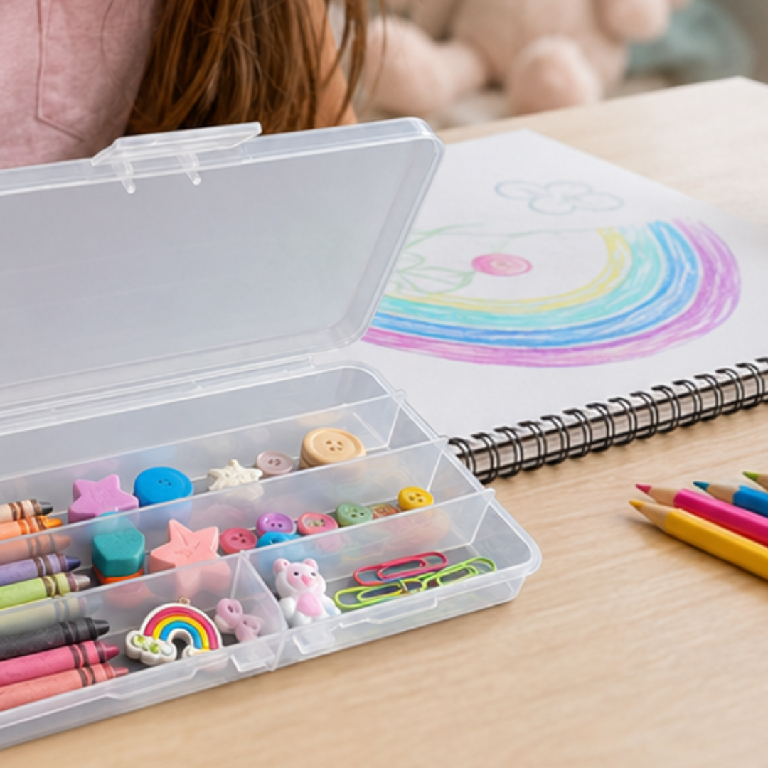 5-Compartment Plastic Organizer Box, Pack of 2, 6.75 x 3.5 Inch Frosted Clear Small Parts Case with Hinged Lid and Hanging Hook for Beads, Crafts, Sewing and Hardware