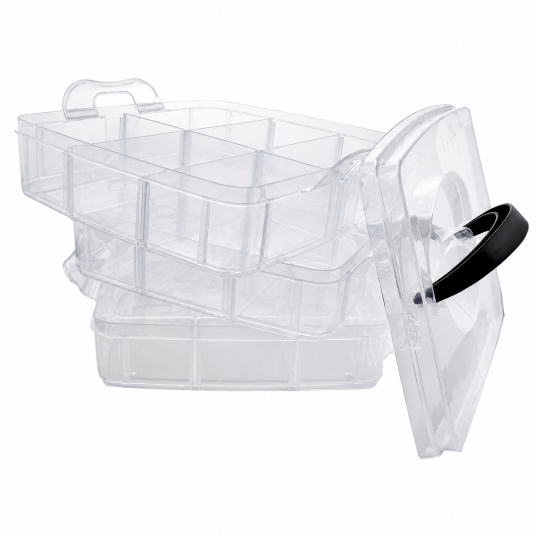 3 Layer Stack-On Clear Plastic Storage Box with Removable Dividers, Portable Small Parts Organizer with Handle for Beads, Crafts, Screws, Nuts, Bolts, Washers – TJ-48839