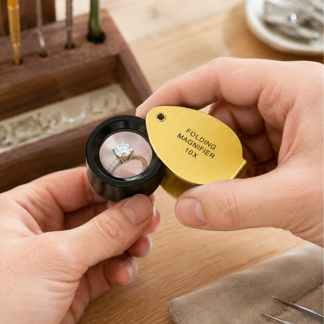 Gold Jeweler’s Loupe Magnifier 10X, Pocket Folding Magnifying Glass with 15mm Lens, Brass-Color Housing, Black Framed Lens for Jewelry, Coins, Stamps, Gems, Hobby Inspection, Pack of 2