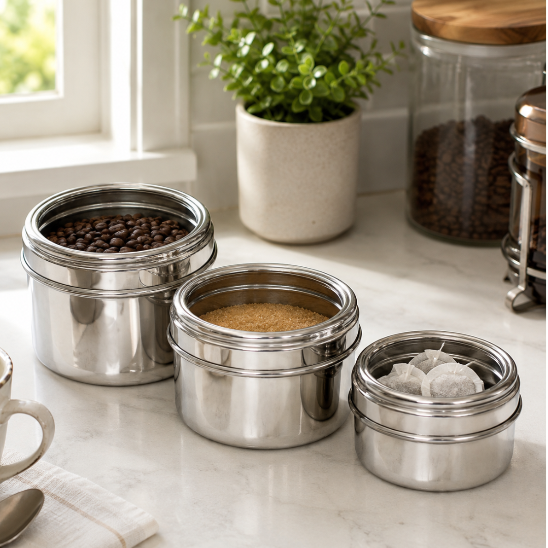 3 Piece Stainless Steel Canister Set with Clear View Lids, Nesting Food Storage Containers for Coffee, Tea, Sugar, Candy & Snacks, 3 Graduated Sizes – U-88010