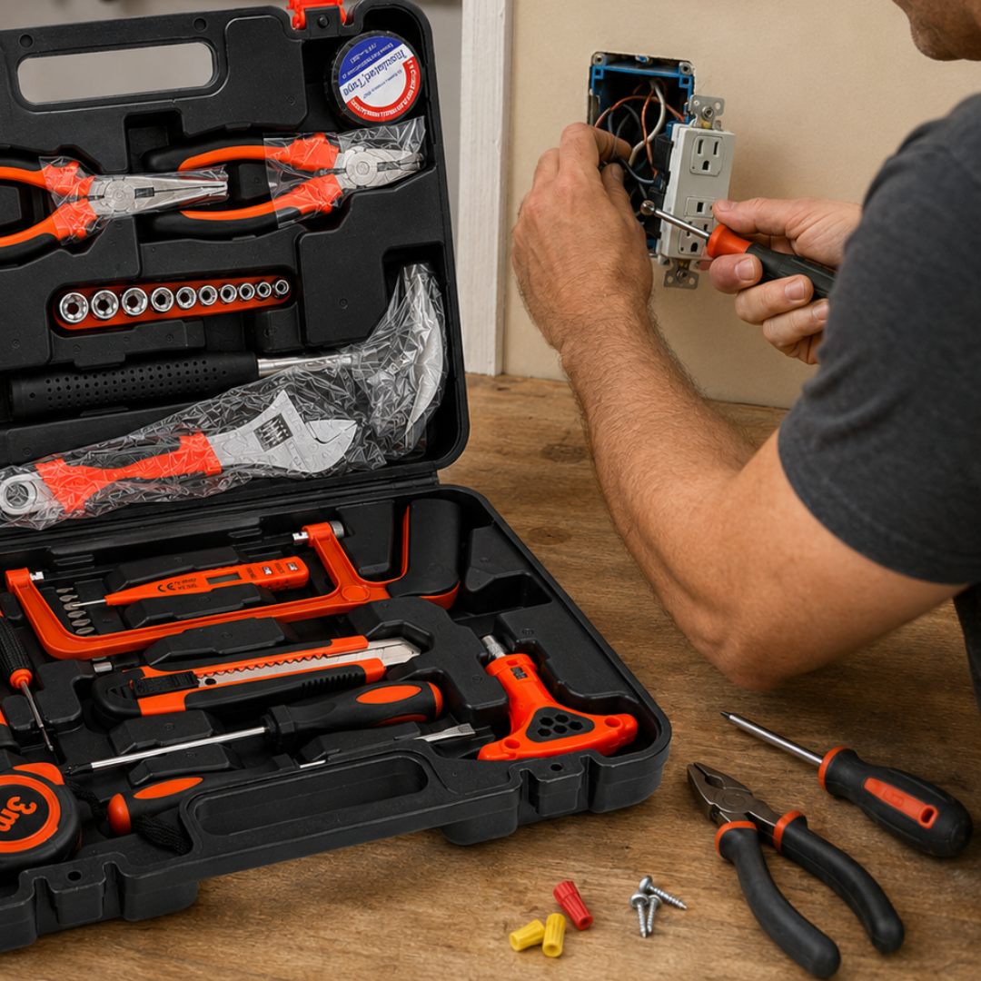44-Piece Household Tool Kit with Carrying Case – General Home Repair Hand Tool Set with Pliers, Screwdrivers, Wrench, Sockets, Hex Keys, Hacksaw & Tape Measure