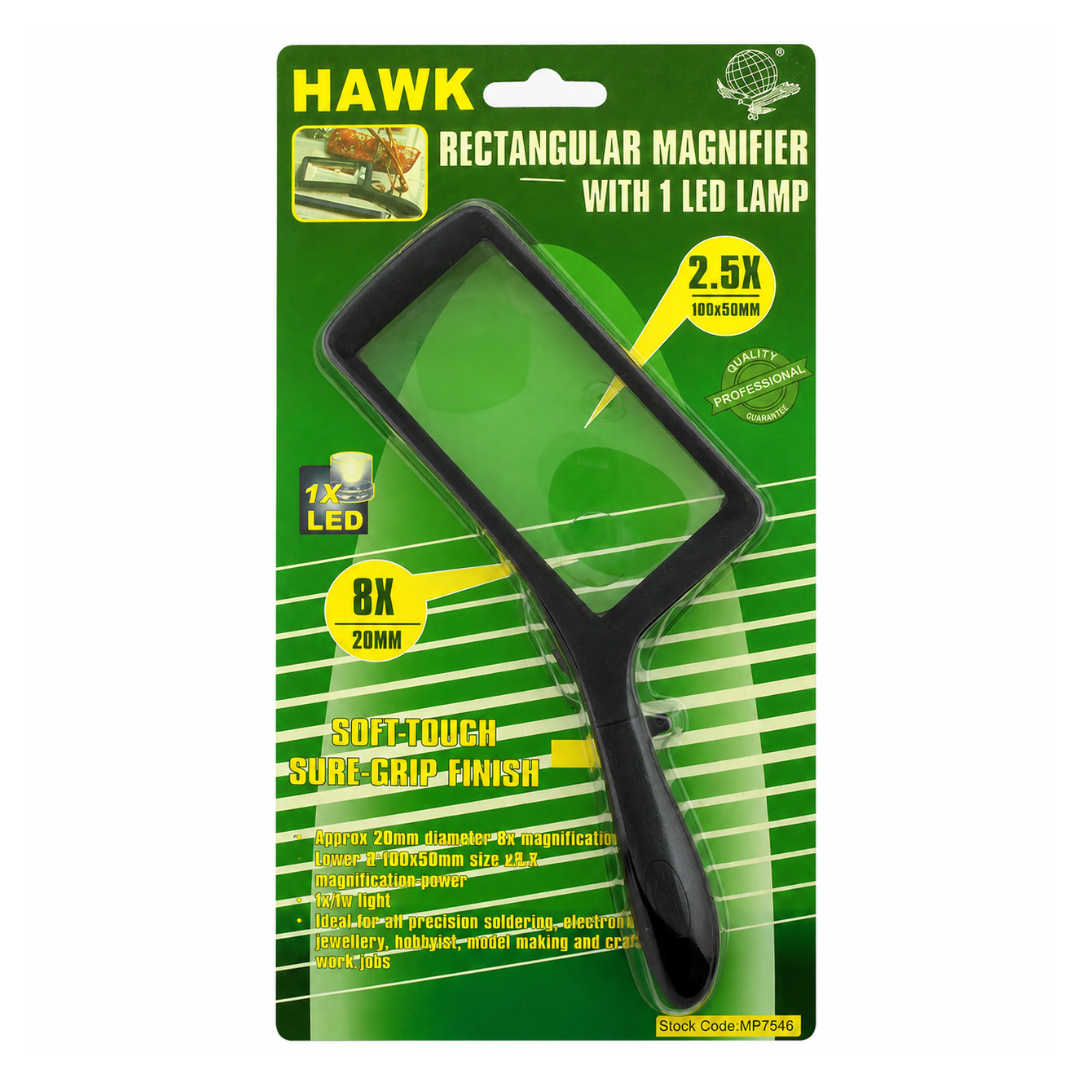 100 × 50 mm Rectangular Handheld Magnifier with 2X Main Lens, 4X Diopter and LED Light – Lightweight Reading Magnifier with Rubberized Easy-Grip Handle – MG-07546