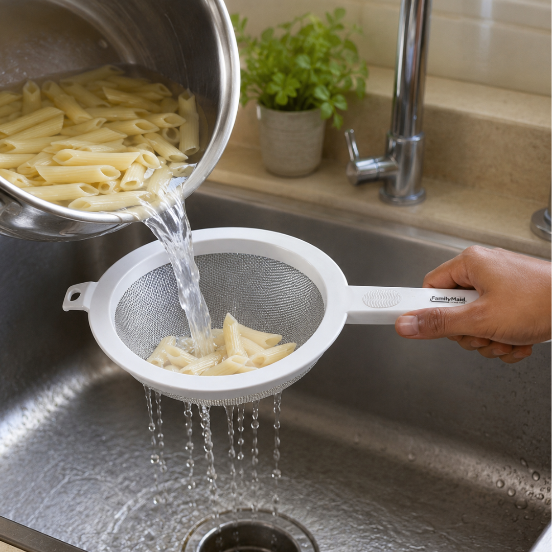 Heavy Duty Kitchen Strainer, Fine Stainless Steel Mesh Sieve with Comfort-Grip Handle and Pot Rest Tabs, Fits 6–8 Inch Pots, for Pasta, Fruits and Vegetables, White, 1 Pack