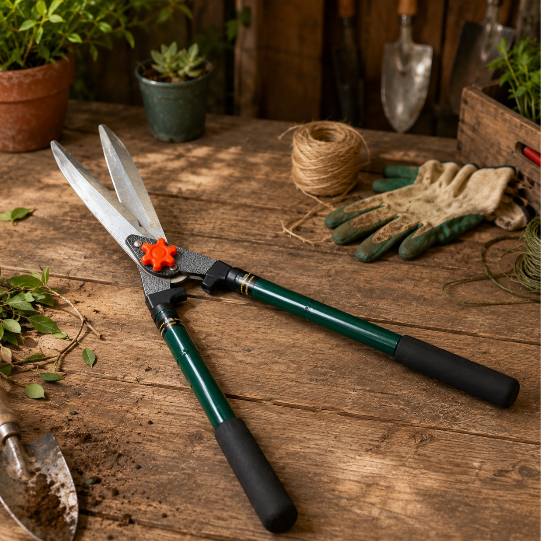 Telescopic Hedge Shears with Extendable Green Handles, Steel Blades, Adjustable Tension Knob, Comfort Foam Grips, Manual Hedge Clippers for Shrubs, Bushes, Hedges & Garden Trimming