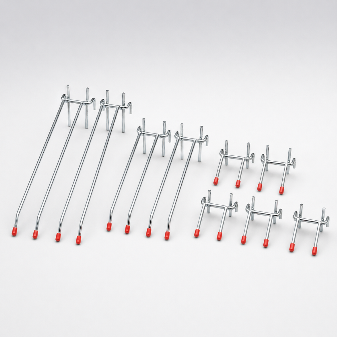 14-Piece Double-Prong Pegboard Hook Assortment, Durable Mild Steel Tool Organizer Hooks with Protective Red Tips, Includes 2, 4 and 6 Inch Hooks – KIT-WP2002-6