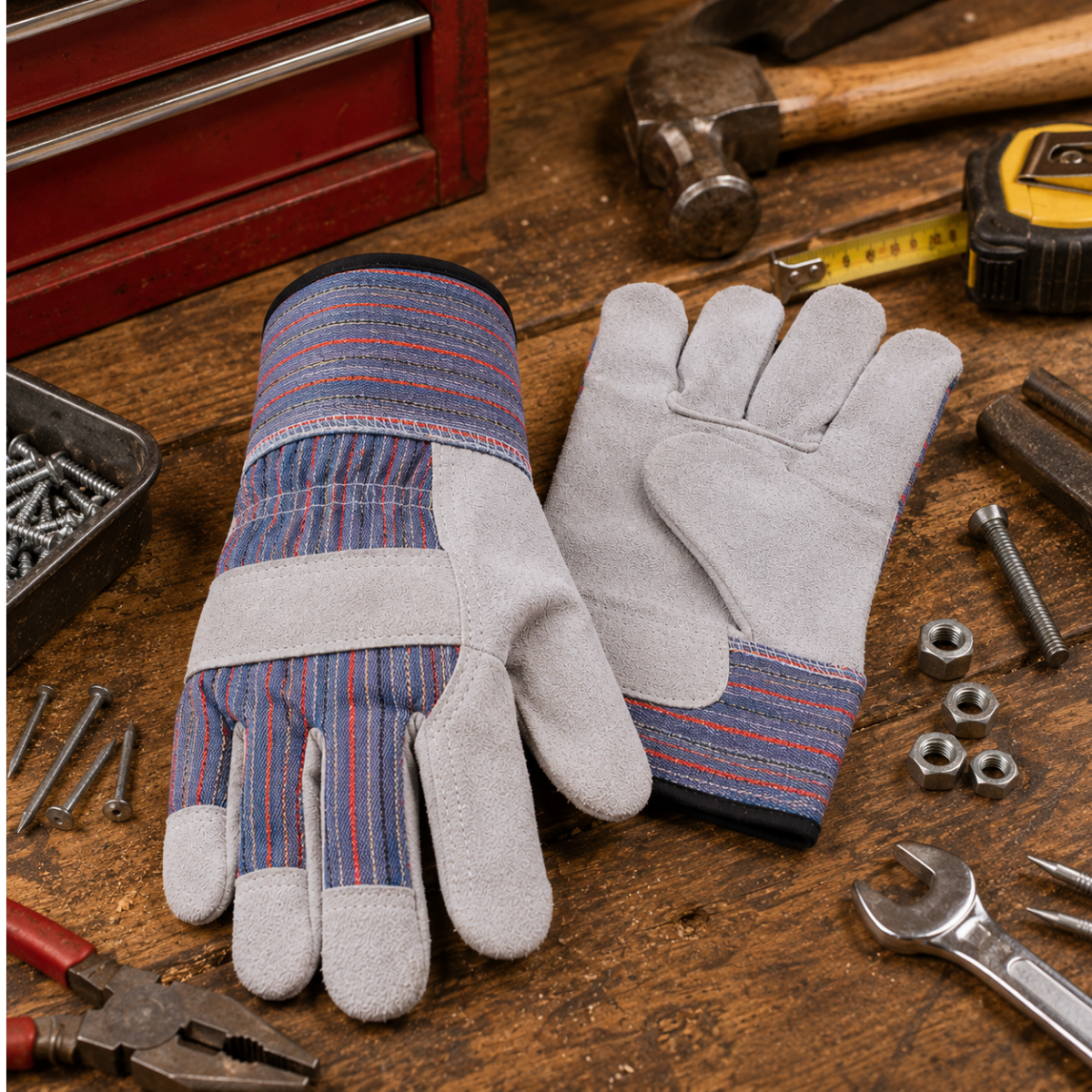 Men's Suede Leather Work Gloves, 10 Inch Gauntlet Cuff, Reinforced Palm & Fingertips, Extra Large, Gray/Blue/Red - 12 Pairs - GL-45021-Z12