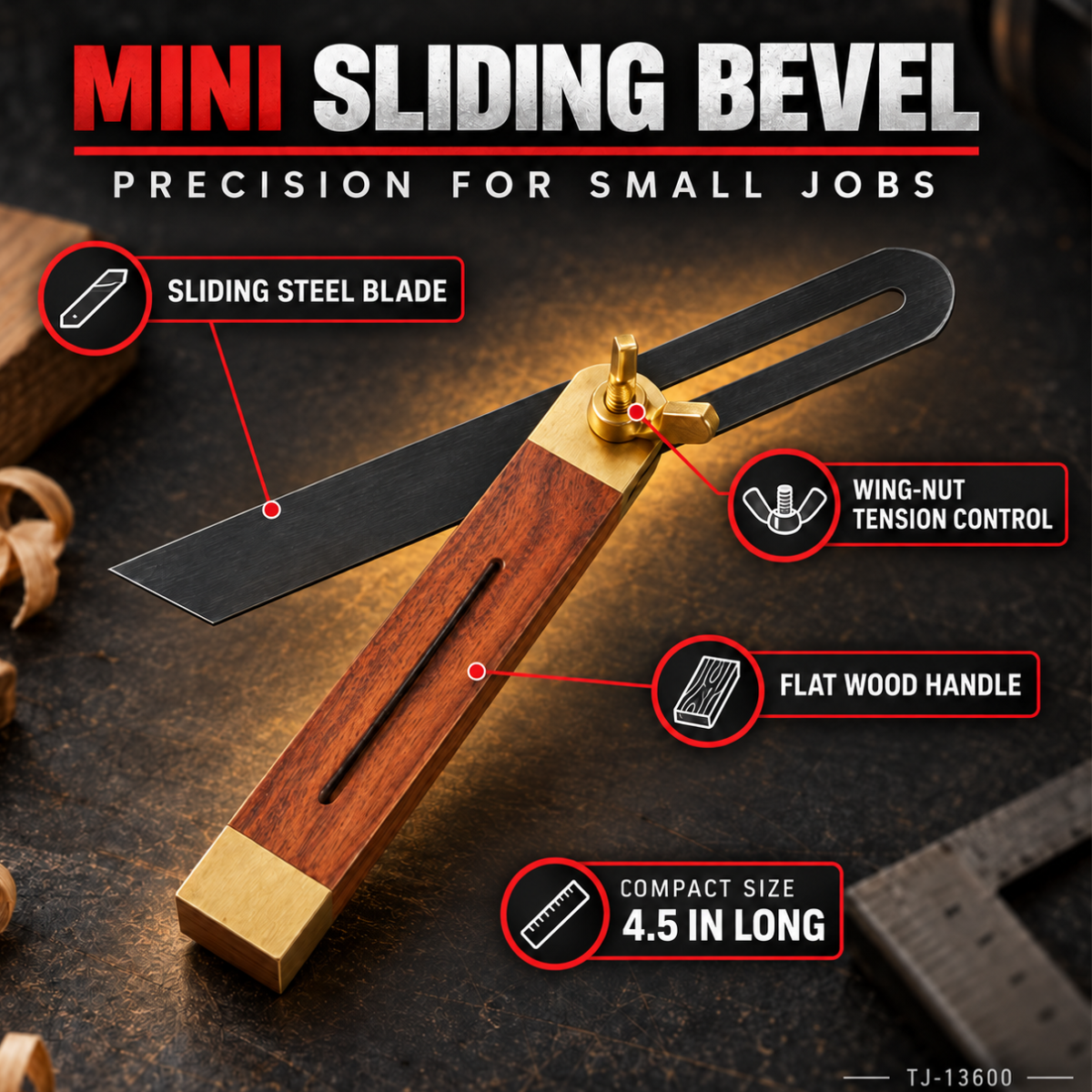 Mini Sliding T-Bevel – 4.5" Adjustable Angle Finder & Marking Tool with Wing-Nut Lock – TJ-13600