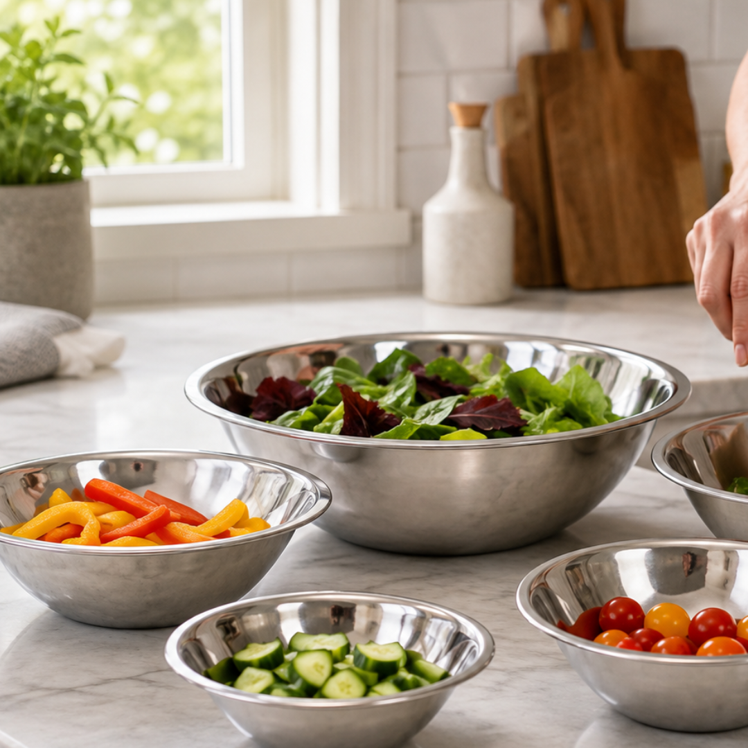 5 Piece Stainless Steel Mixing Bowl Set – Nesting Kitchen Prep, Mixing & Serving Bowls – 5.5", 7", 8.5", 10" & 11.75" Diameters – Space-Saving Stackable Design