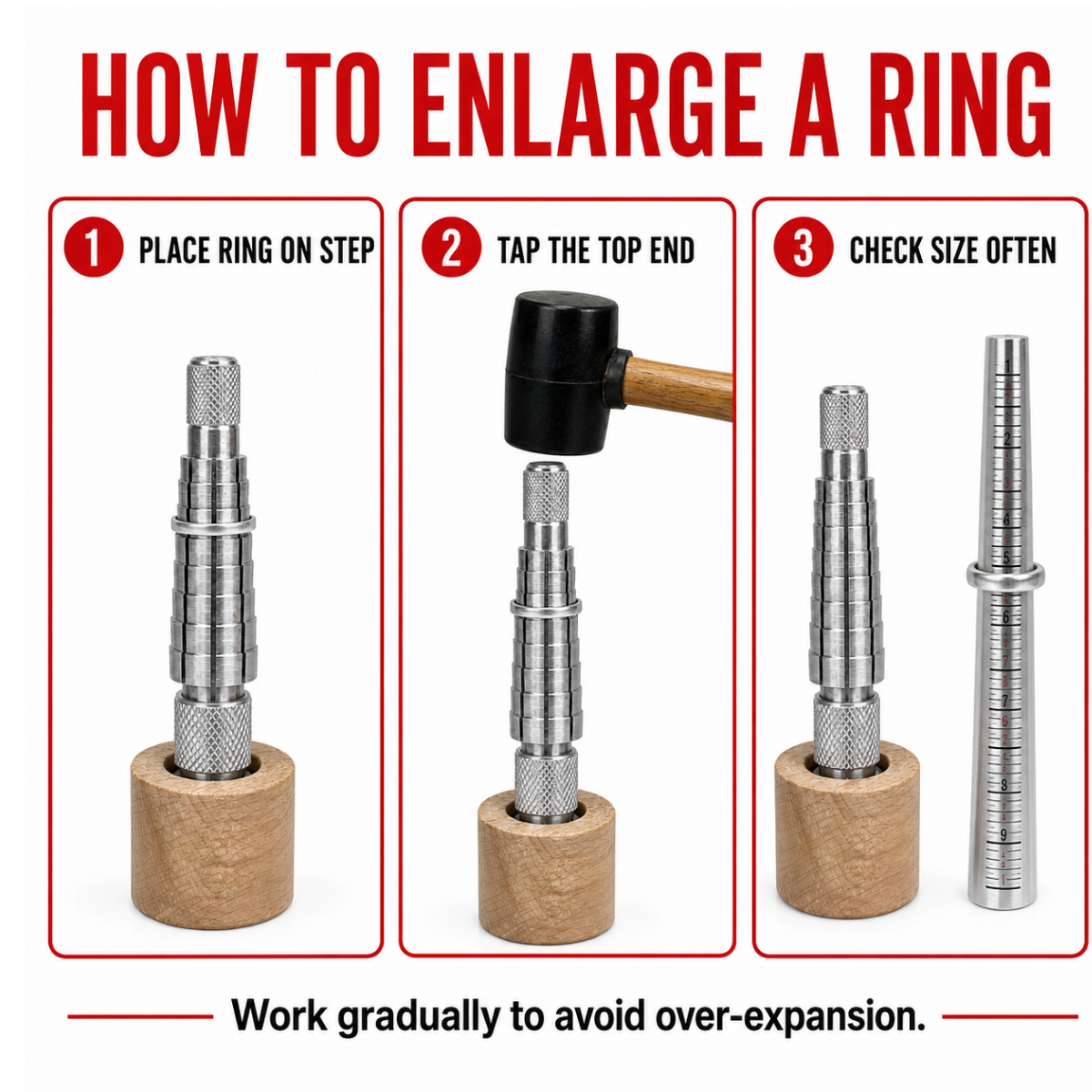 Rathburn Ring Stretcher with 6-Segment Stepped Expanding Mandrel and Wooden Base, Ring Size 6+ in 1/4-Size Increments – TJ01-09770