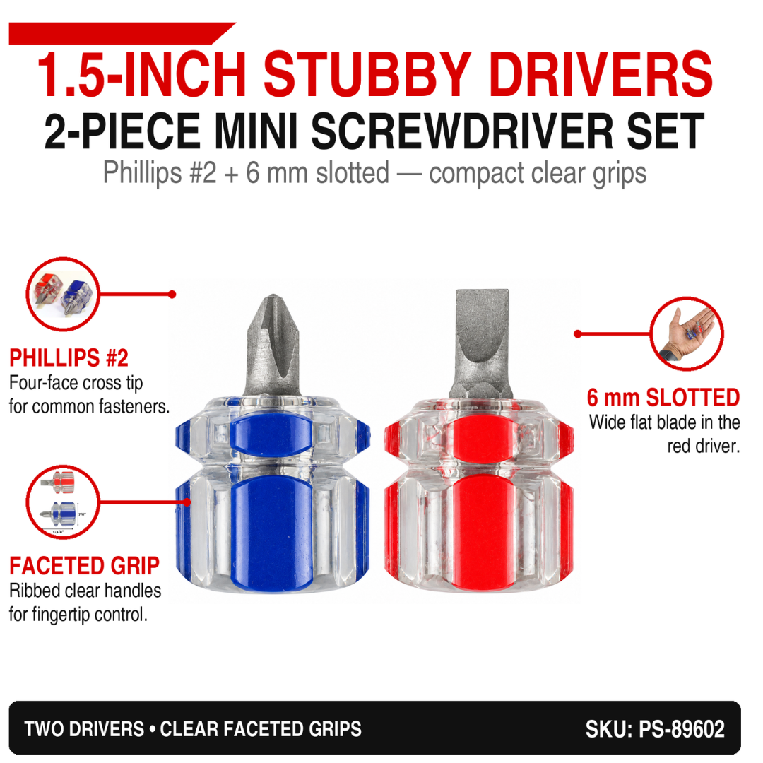 2 Piece Mini Stubby Screwdriver Set, 1.5 Inch Short Screwdrivers with Phillips #2 and 6mm Flathead Slotted Tips, Compact Color-Coded Hand Tools for Tight Spaces, Household Repairs & DIY