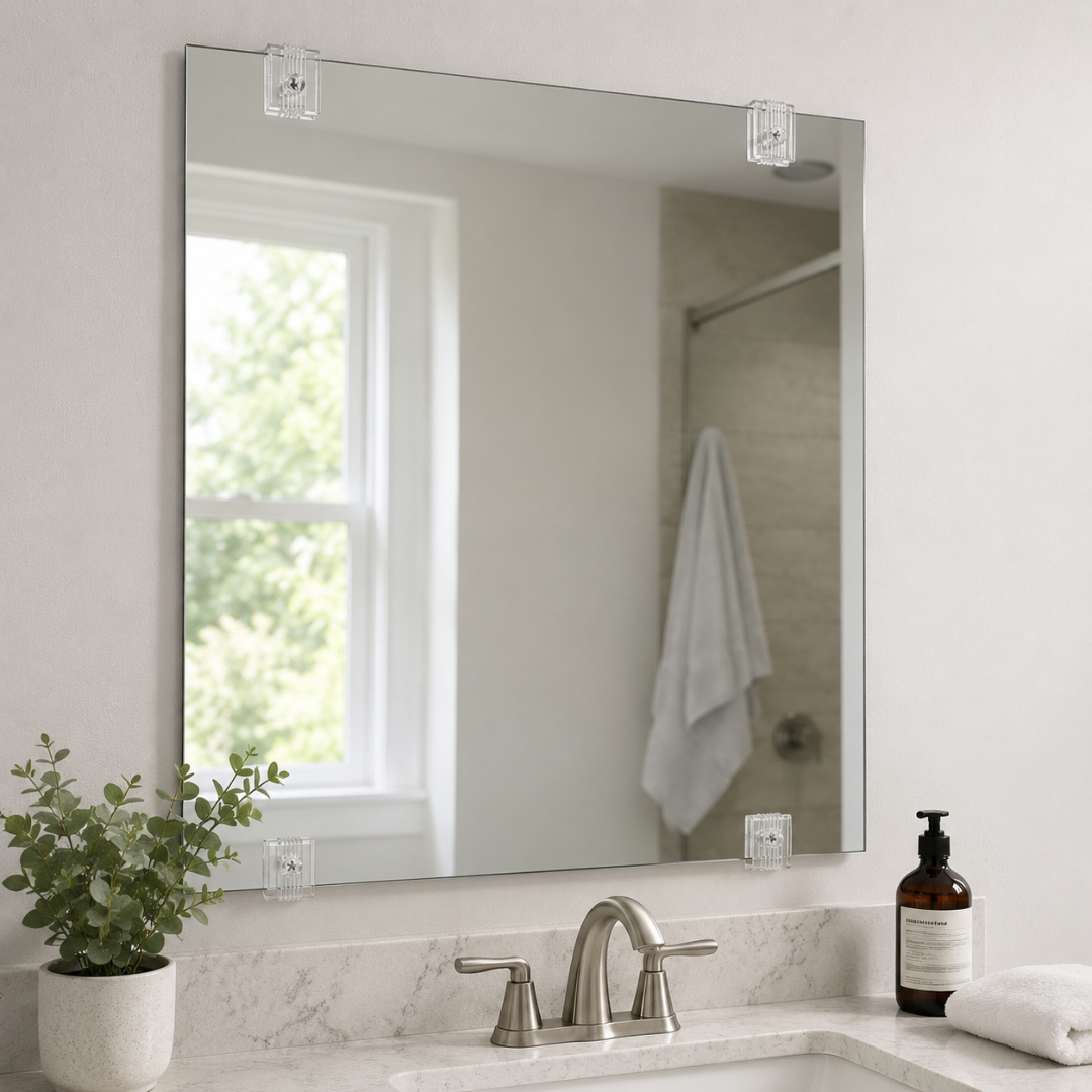 2 PACK 1/4 in Clear Plastic Mirror Clips with Screws and Wall Anchors, 20 lb Capacity, Mirror Mounting Hardware Kit for Frameless Mirrors, Bathroom Mirrors, Wall Mirrors
