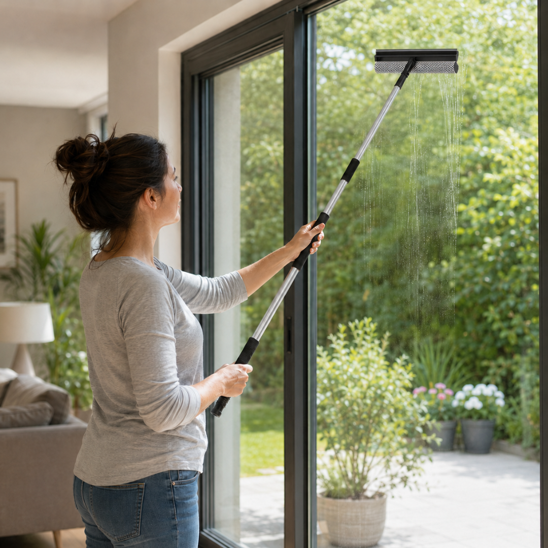 Long-Handled Window Squeegee, 20–35 Inch Telescoping Aluminum Pole, 8 Inch Dual-Sided Sponge Washer and Rubber Blade for Glass Doors, Windows, Vans and RVs