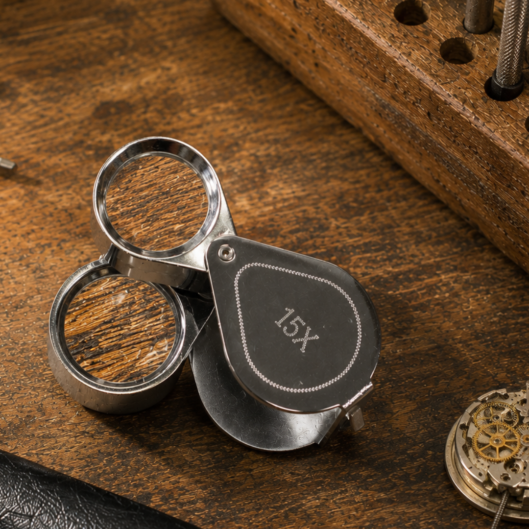 Double Lens Jeweler’s Loupe 15X & 20X Magnifier, Chrome Plated Folding Pocket Loupe with Dual Glass Lenses, Combined 35X Magnification, Leatherette Snap Pouch for Jewelry, Coins, Stamps, Watches – MG-45201