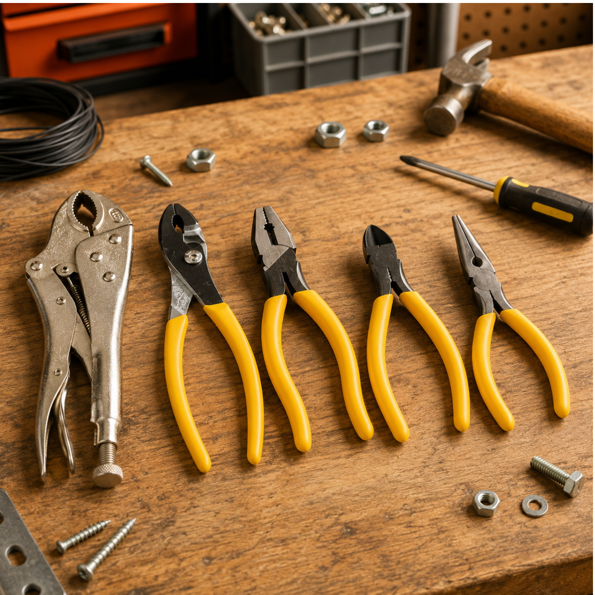 5-Piece General Purpose Pliers Set with Comfort Grip Handles – Long Nose, Side Cutting, Linesman, Slip Joint & Locking Pliers – TP-03705