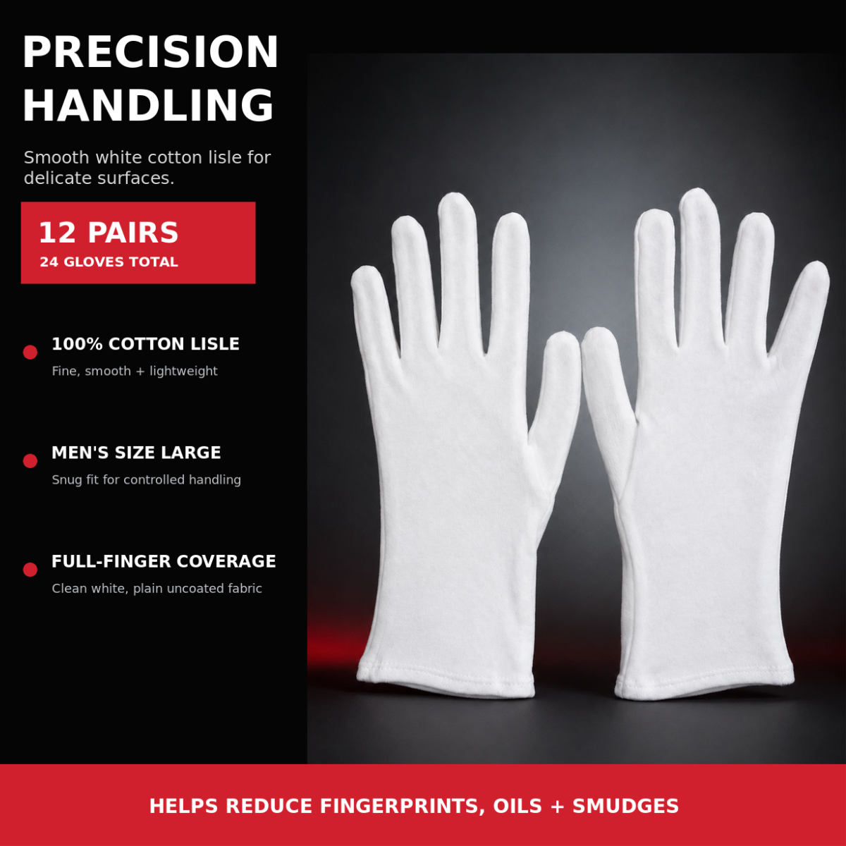 Men's White Cotton Lisle Inspection Gloves – Large (Pack of 12 Pairs) - GL-07400-Z12