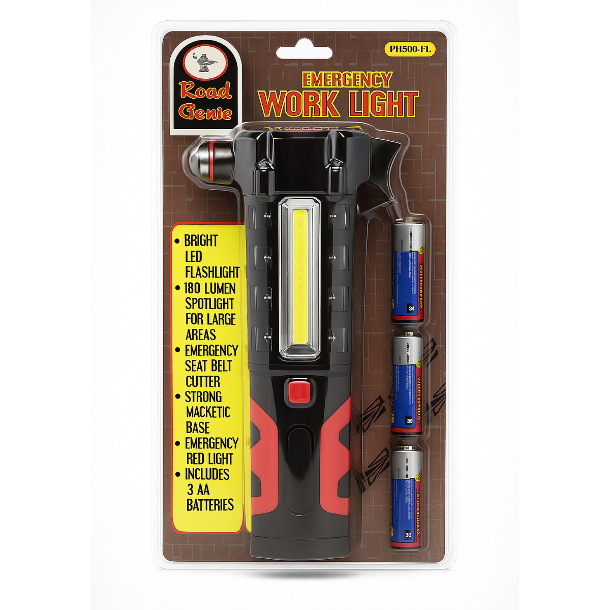 Auto Emergency Work Light with Magnetic Base, Hammer & Seat Belt Cutter – 1W Torch, 3W COB Spotlight & Flashing Red Warning Light – PH580-FL