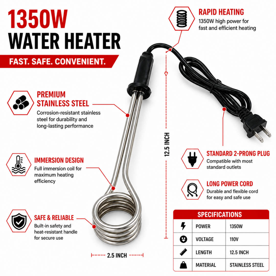 1350W Immersion Water Heater – Portable Electric Water Heater 110V – Stainless Steel Heating Coil – Fast Heating for Bucket, Tub & Camping Use