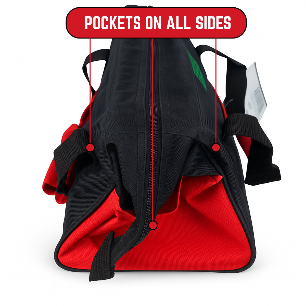 Soft-Sided Tool Bag with 21 Pockets – Opens Like a Doctor’s Bag – Black with Red Trim – 12” Compact Organizer for Hand Tools, Drill, or Craft Supplies