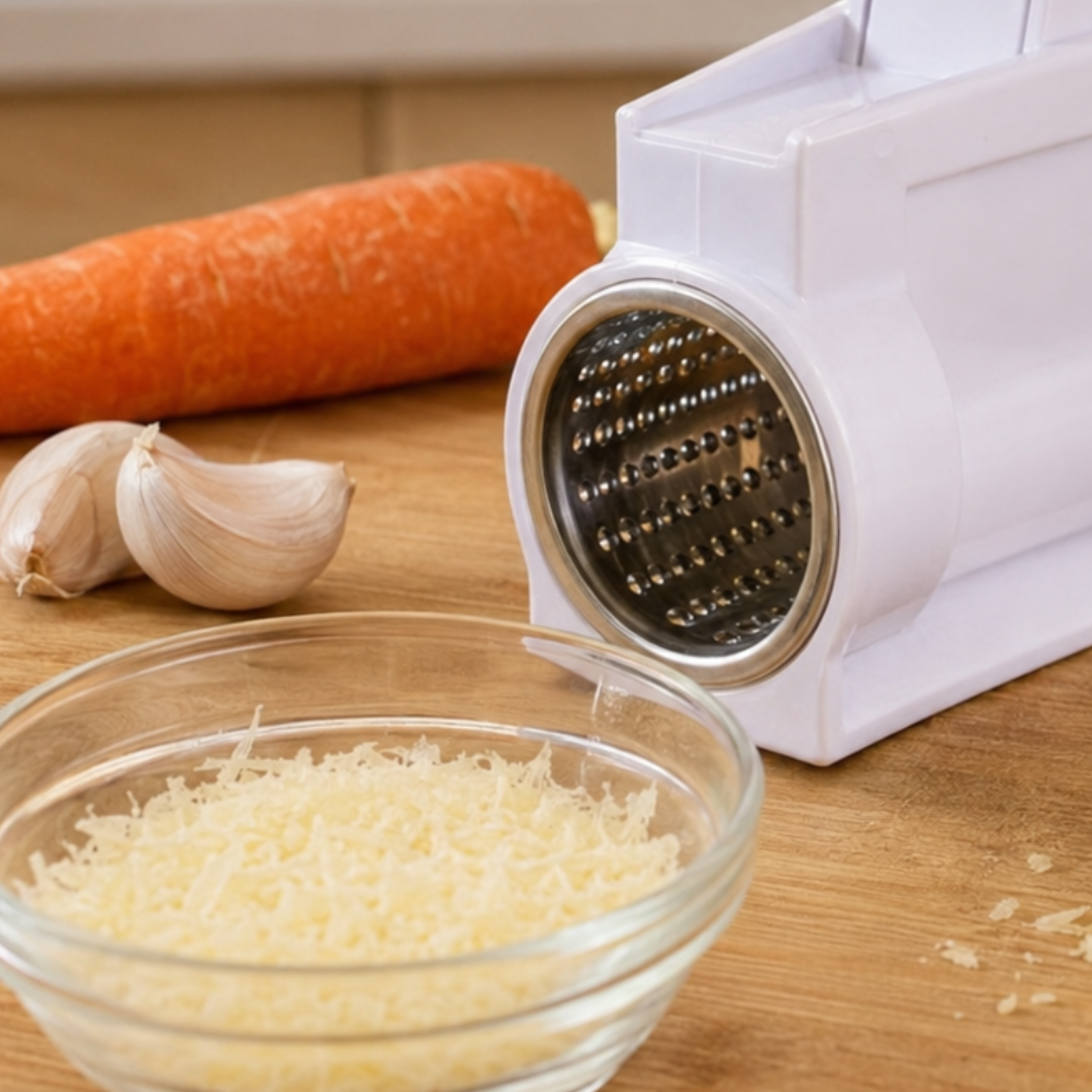 Handheld Manual Rotary Food Grater and Grinder with Stainless Steel Drum, Compact Hand-Crank Cheese and Vegetable Grater for Garlic, Onion and Carrots, 5.5 Inch