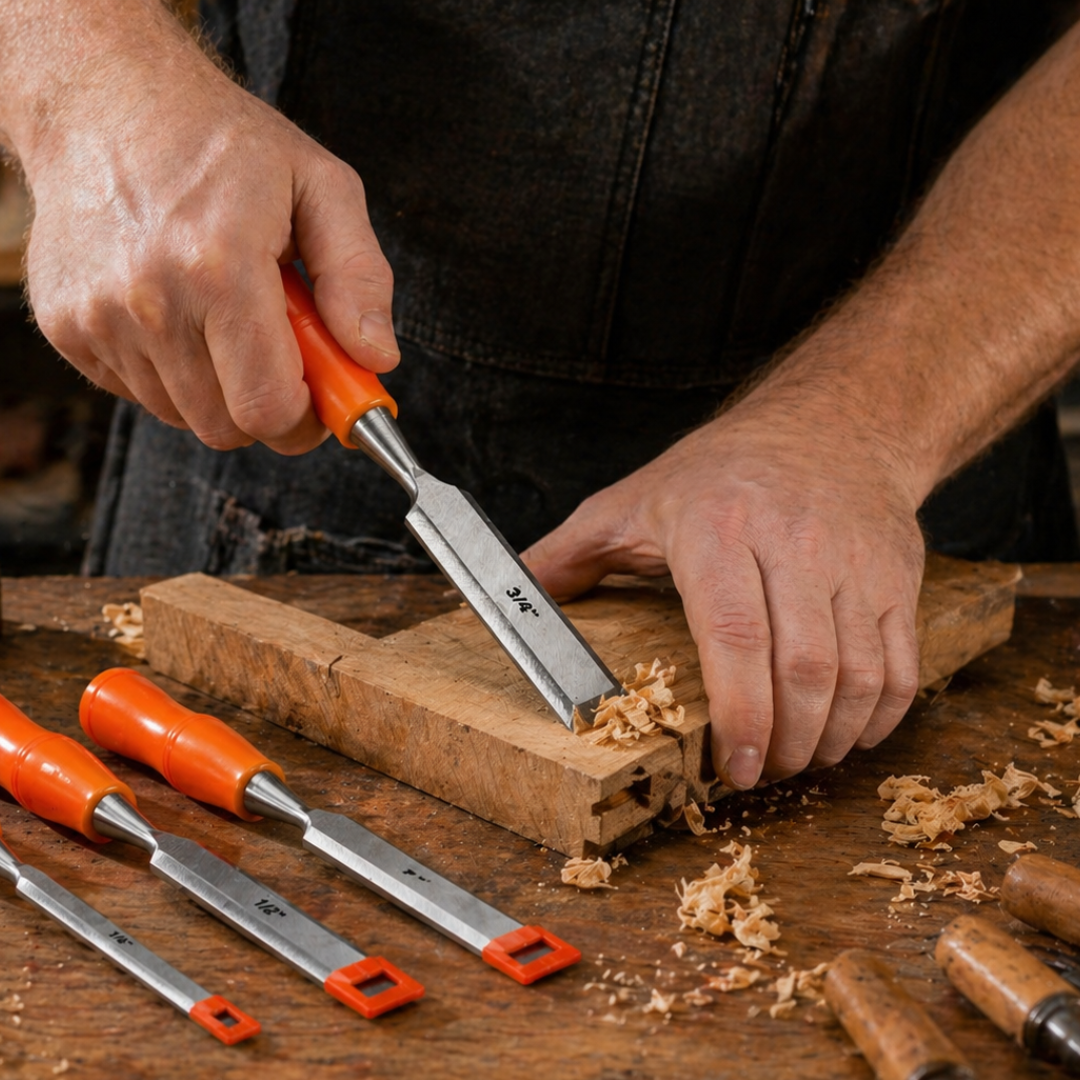 4 Pc Wood Chisel Set – 1/4", 1/2", 3/4", 1" Cr-V Steel Woodworking Chisels with Comfort Grip Handles & Blade Guards – Carpentry, DIY & Professional Use