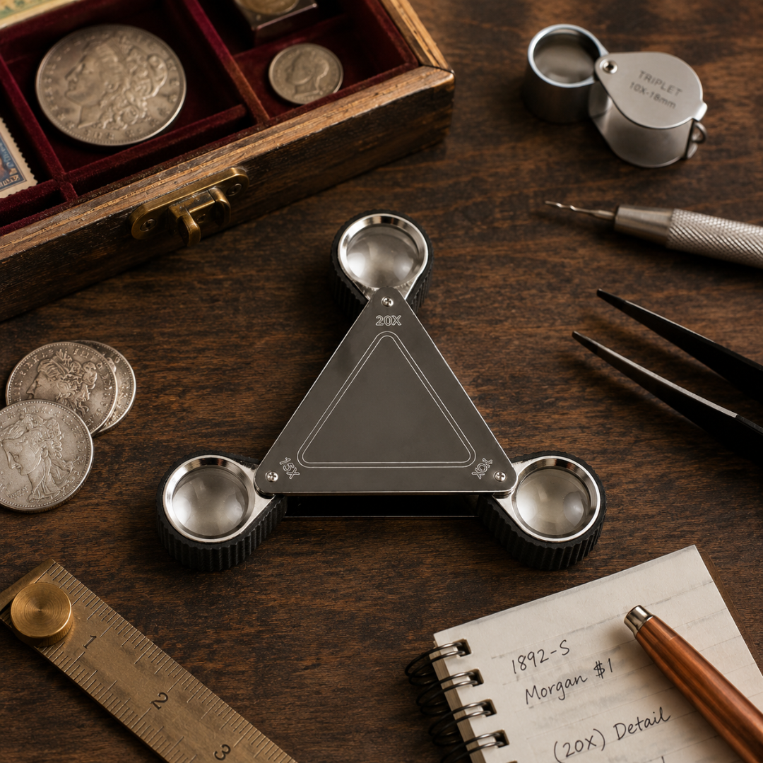 Triangular Jeweler’s Loupe 10X 15X 20X Magnifier, Stainless Steel Folding Triple Lens Pocket Loupe with Glass Lenses, Rubberized Grip Rings for Jewelry, Gems, Coins, Stamps & Watch Inspection – MG-45197