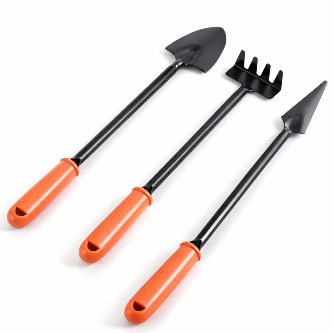 3-Piece Long-Handled Mini Garden Tool Set with Rubber Handles – GT-GT3L-RB-YW