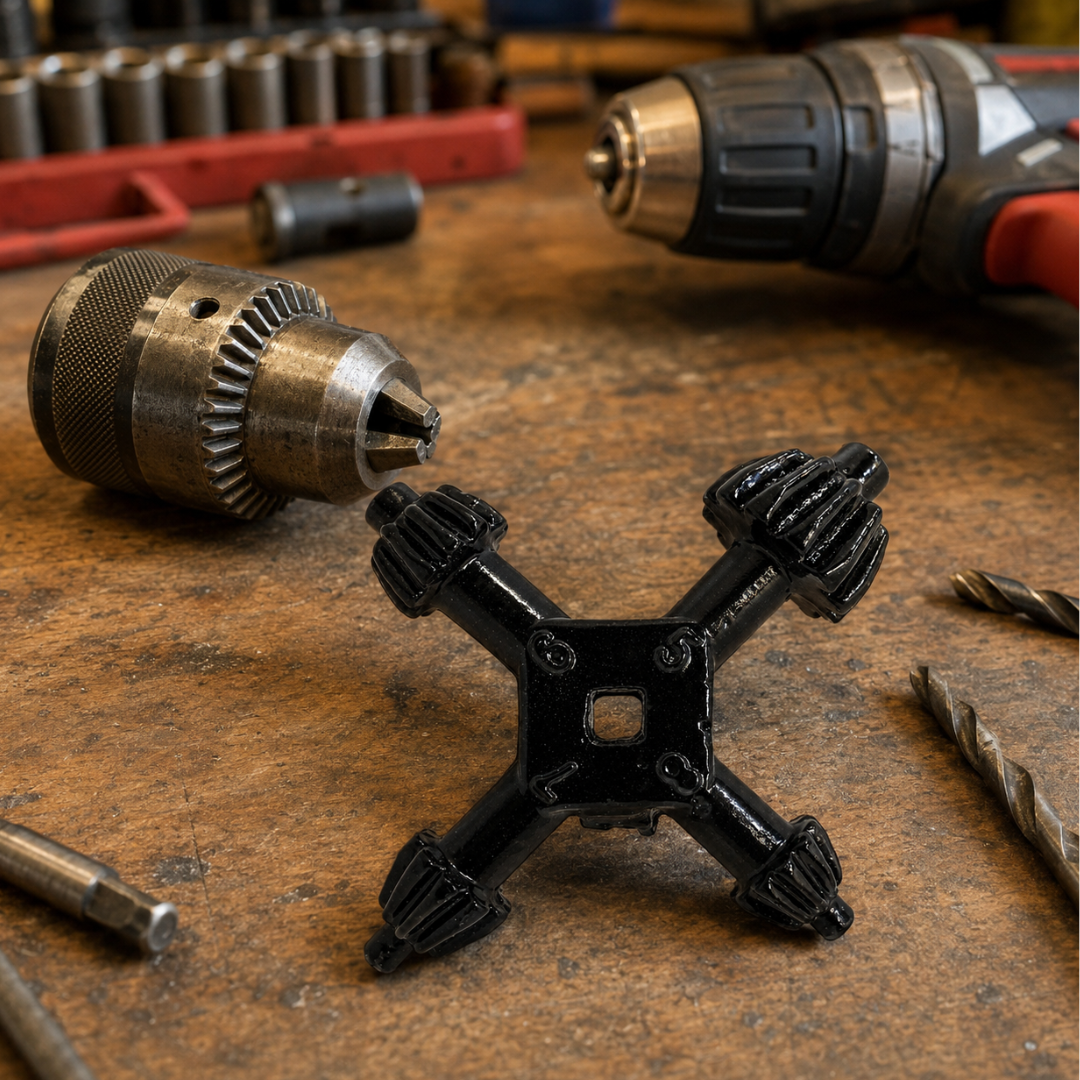 4-Way Drill Chuck Key, T-Shaped Multi-Size Replacement Tool with 3/8, 1/2, 3/4 and 1 Inch Sizes, Center Tether Hole for Drill Presses and Power Drills