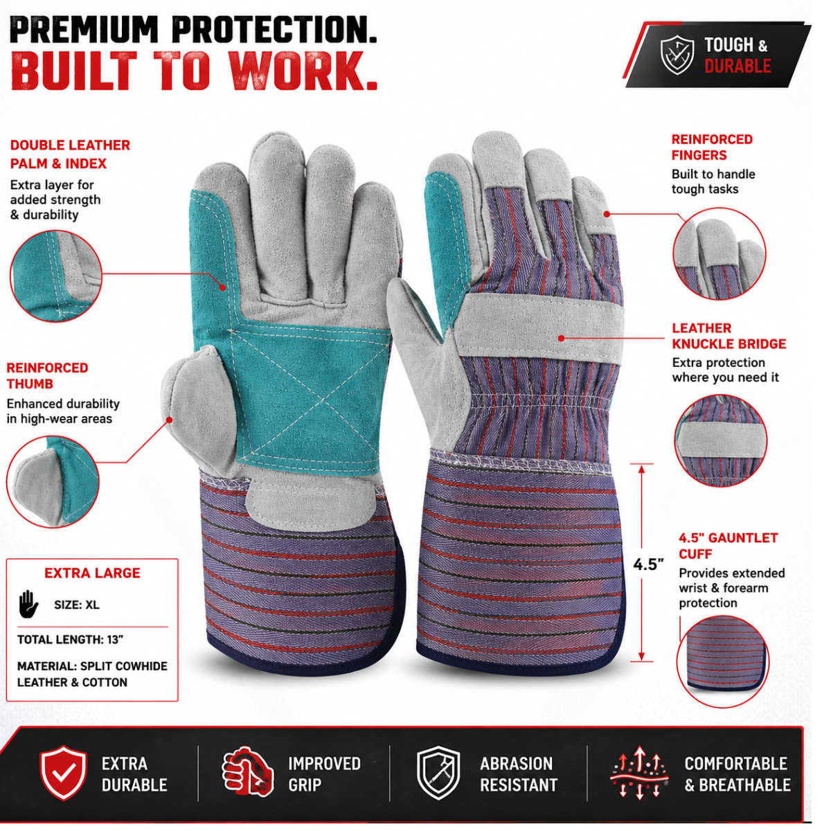 Men's Green Leather Work Gloves, Double Palm & Reinforced Index Finger, 4.5 Inch Gauntlet Cuff, Extra Large - 2 Pairs - GL-94505-Z02