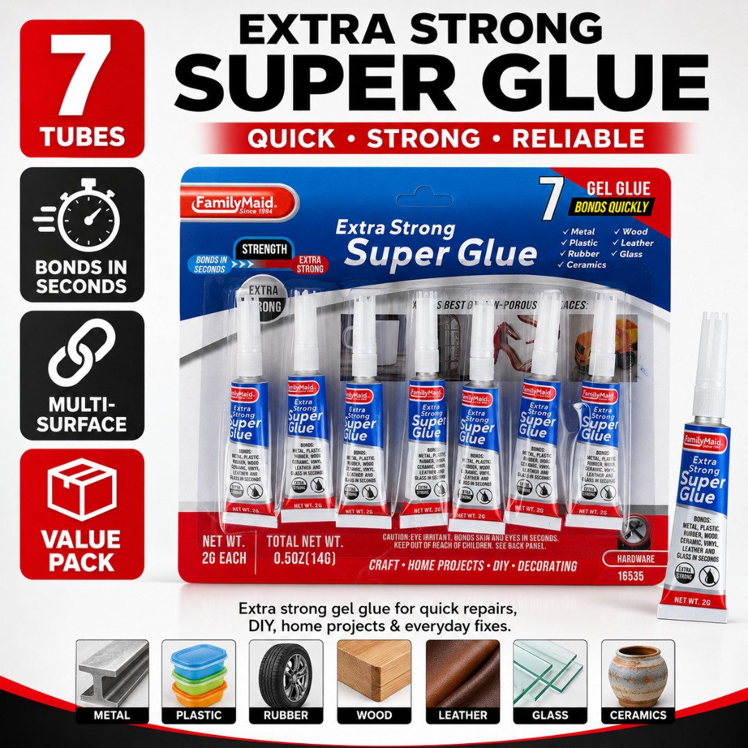 Extra Strong Gel Super Glue, 7-Pack of 2g Tubes, Fast-Bonding Multi-Surface Adhesive for Metal, Plastic, Rubber, Ceramic, Wood, Leather and Glass, 0.5 oz Total