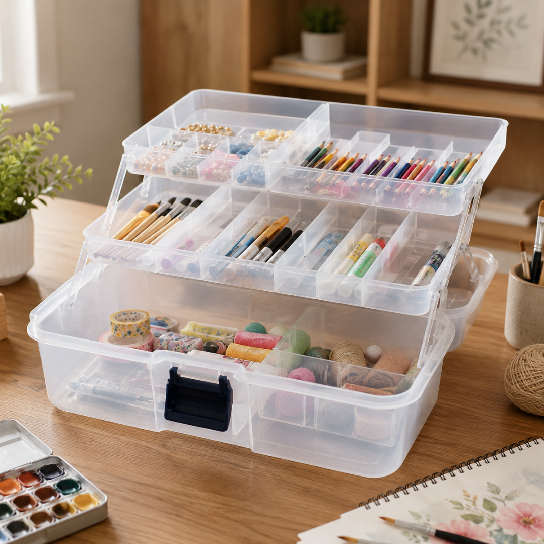 Artist & Craft Storage Box, 3-Tier Clear Plastic Organizer with Lift-Up Trays, Portable Art Supply Case for Paint Brushes, Colored Pencils, Paints, Sewing Supplies & Crafts, 12.5" x 6" x 6"