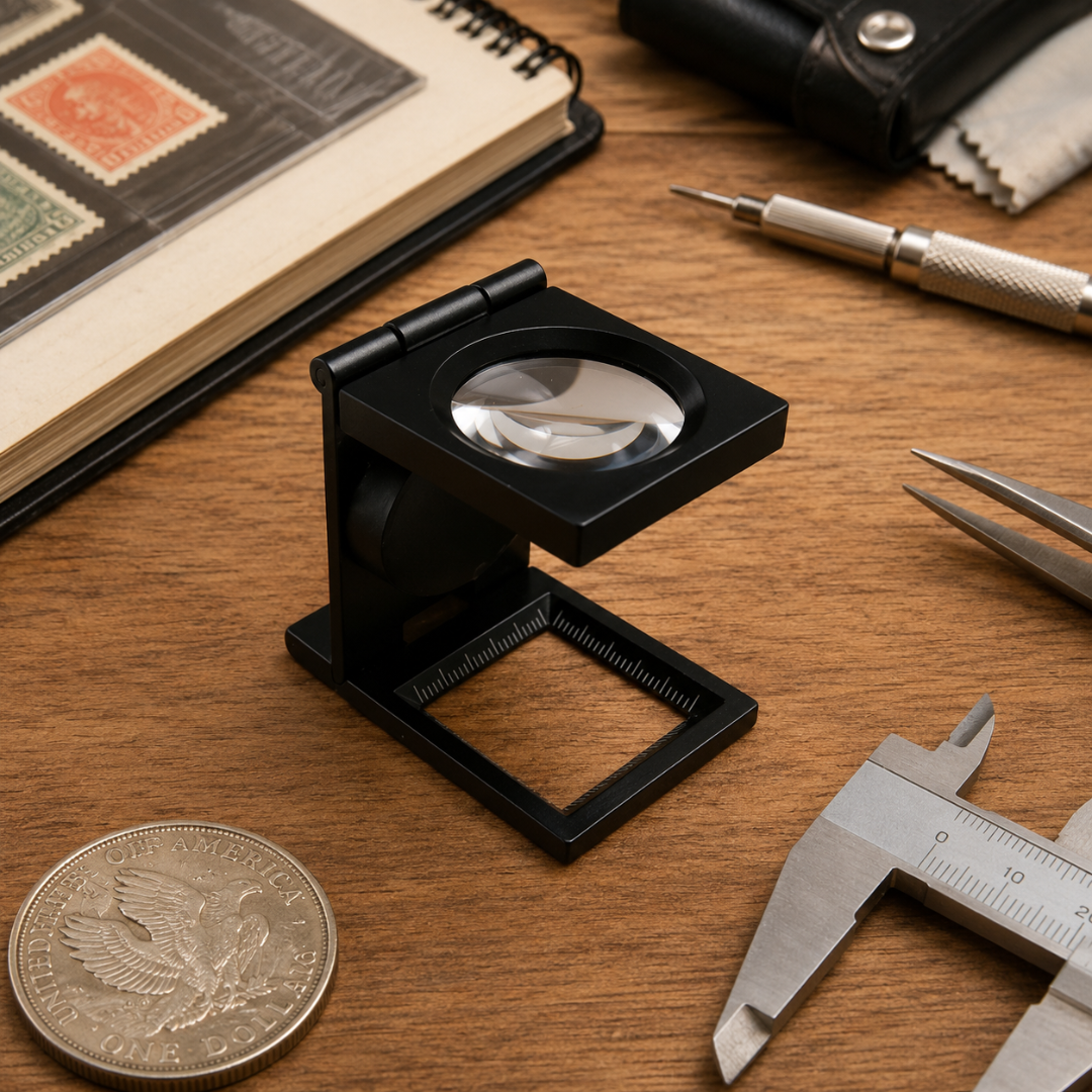6X Folding LED Pocket Magnifier with 30mm Glass Lens, Black Metal Frame, Built-In SAE & Metric Rulers, Compact Jeweler Loupe Magnifying Glass with Carrying Case